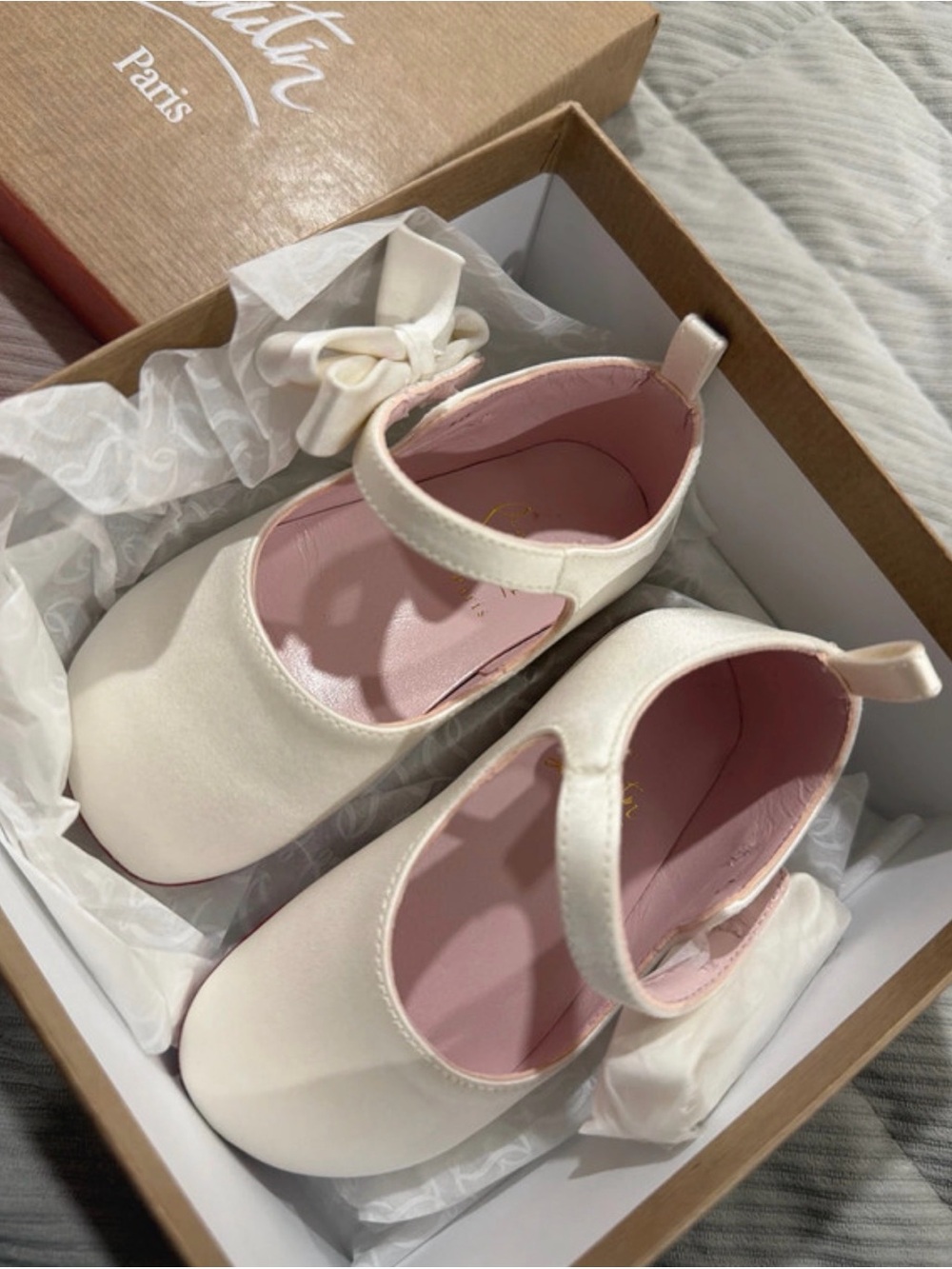 Christian Louboutin Girls Ivory Satin Mary Janes with Pink Lining